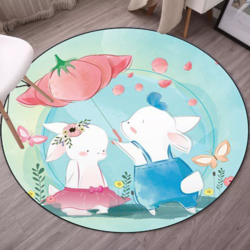 Avtoit | Kids Bedroom Carpet in Blue Animal Elephant Rabbit Hedgehog Print Carpet Polyester Pet-Friendly Area Rug