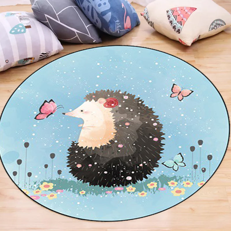 Avtoit | Kids Bedroom Carpet in Blue Animal Elephant Rabbit Hedgehog Print Carpet Polyester Pet-Friendly Area Rug