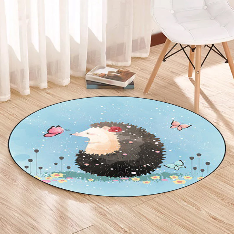 Avtoit | Kids Bedroom Carpet in Blue Animal Elephant Rabbit Hedgehog Print Carpet Polyester Pet-Friendly Area Rug