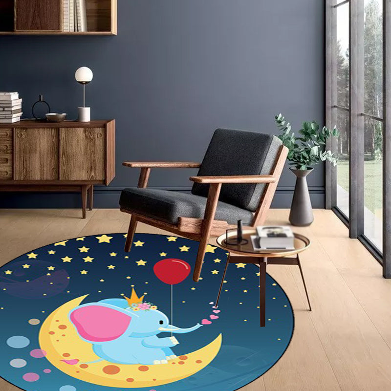 Avtoit | Kids Bedroom Carpet in Blue Animal Elephant Rabbit Hedgehog Print Carpet Polyester Pet-Friendly Area Rug