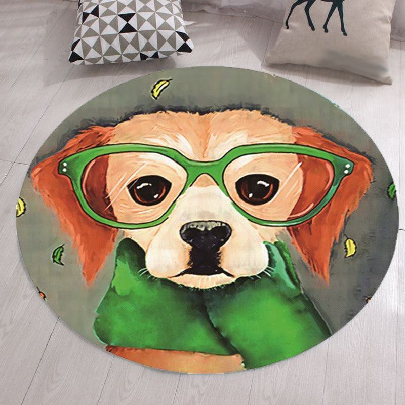 Avtoit | Gray and Green Children's Room Carpet Kids Animal Dog Glasses Pattern Area Rug Polyester Non-Slip Machine Washable Rug
