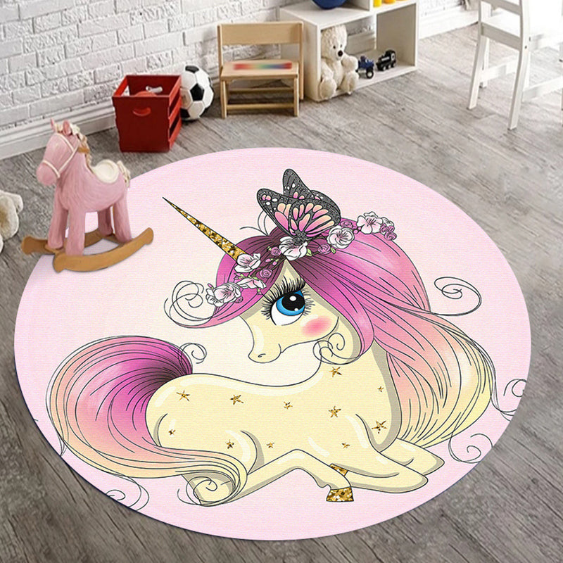 Avtoit | Kids Bedroom Rug in Pink Animal Unicorn Butterfly Floral Print Rug Polyester Non-Slip Back Rug