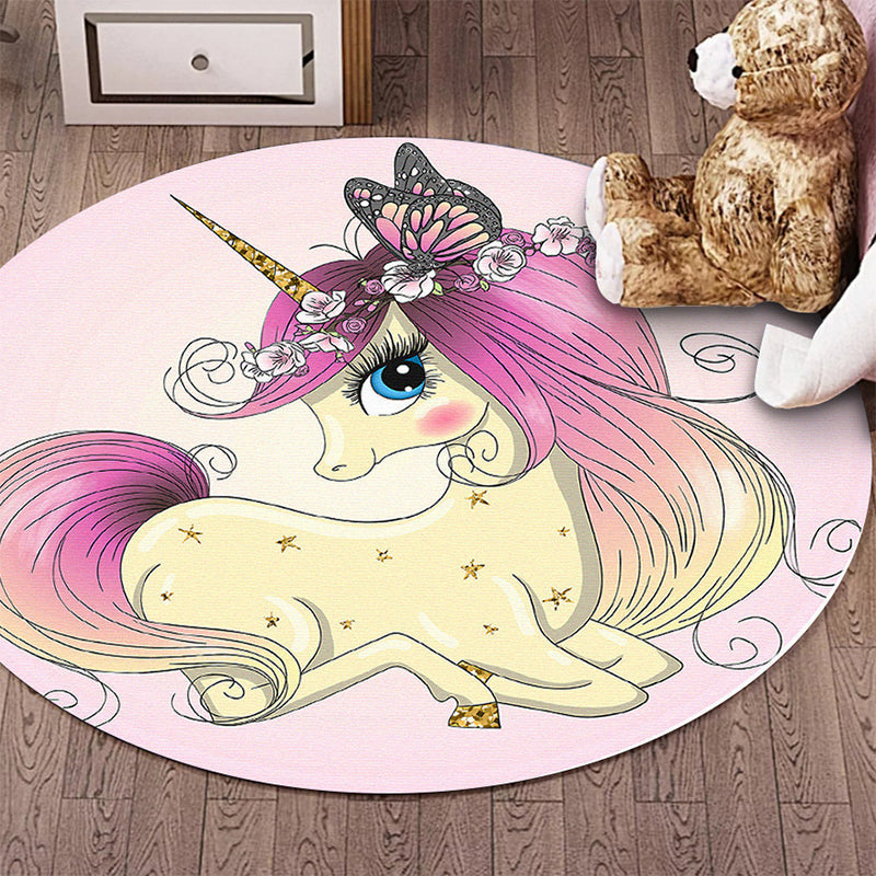 Avtoit | Kids Bedroom Rug in Pink Animal Unicorn Butterfly Floral Print Rug Polyester Non-Slip Back Rug