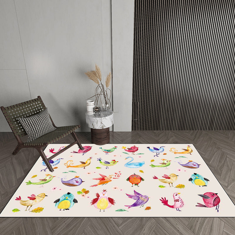 Avtoit | Ivory Kids Room Rug Kids Animal Panda Bird Pattern Rug Polyester Non-Slip Machine Washable Rug