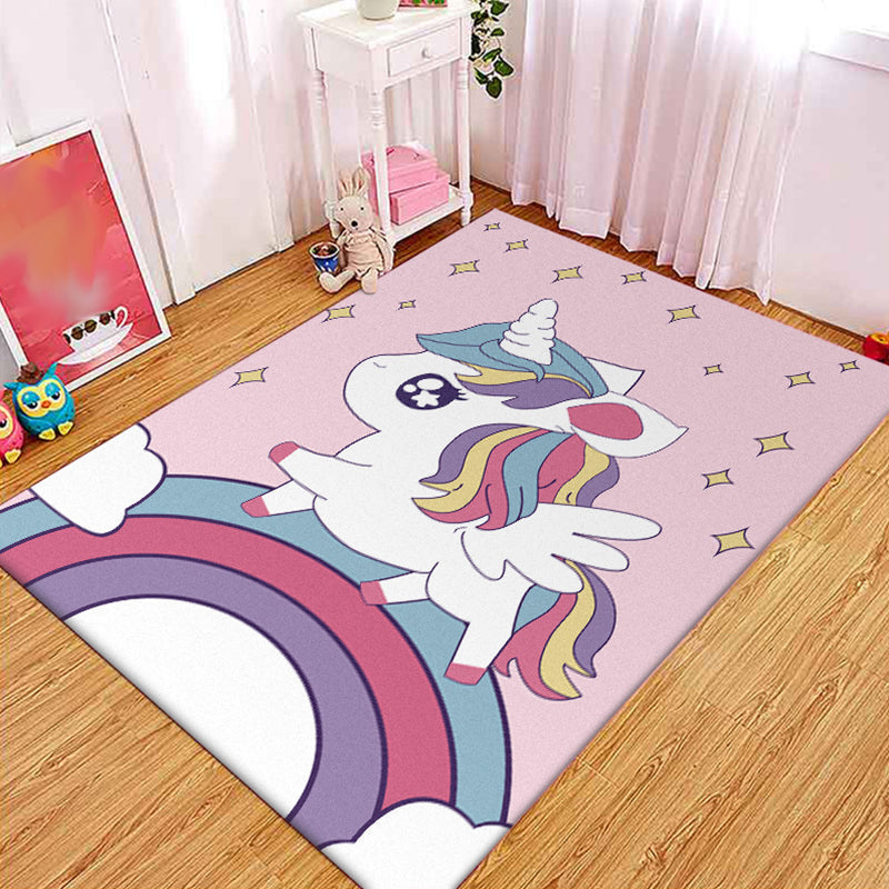 Avtoit | Pink Children's Room Carpet Children Animal Unicorn Rainbow Pattern Rug Polyester Non-Slip Backing Carpet
