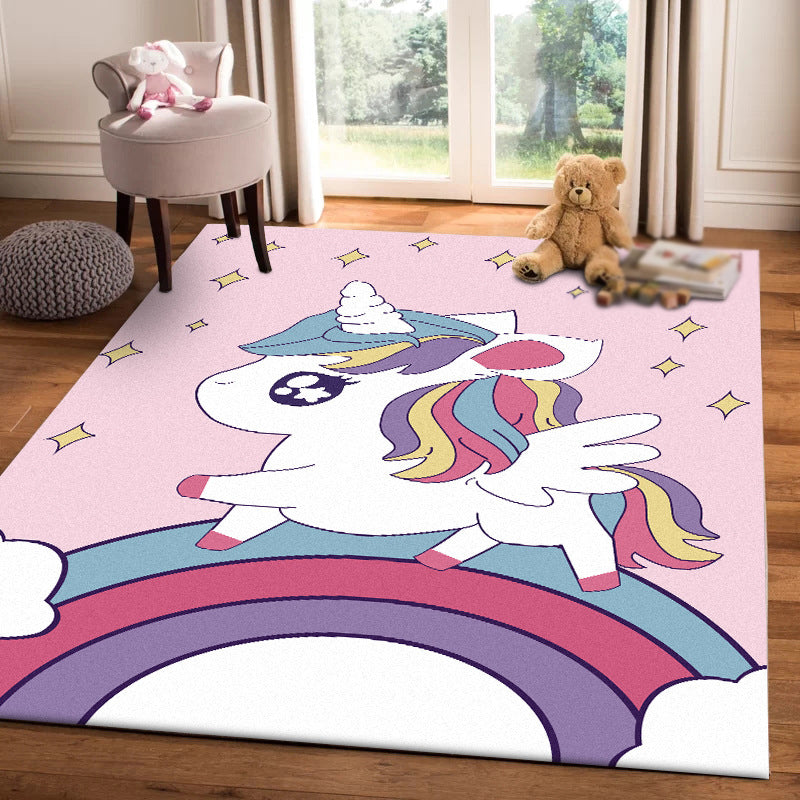 Avtoit | Pink Children's Room Carpet Children Animal Unicorn Rainbow Pattern Rug Polyester Non-Slip Backing Carpet