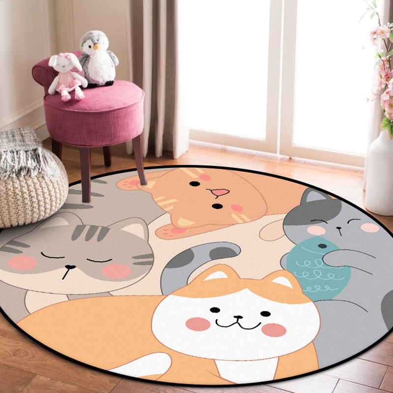 Avtoit | Children's bedroom rug in yellow and brown with animal cat fish print rug polyester non-slip back washable rug