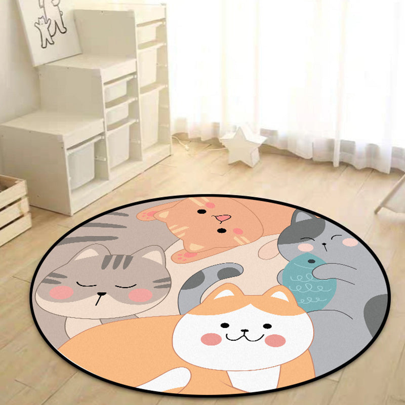 Avtoit | Children's bedroom rug in yellow and brown with animal cat fish print rug polyester non-slip back washable rug