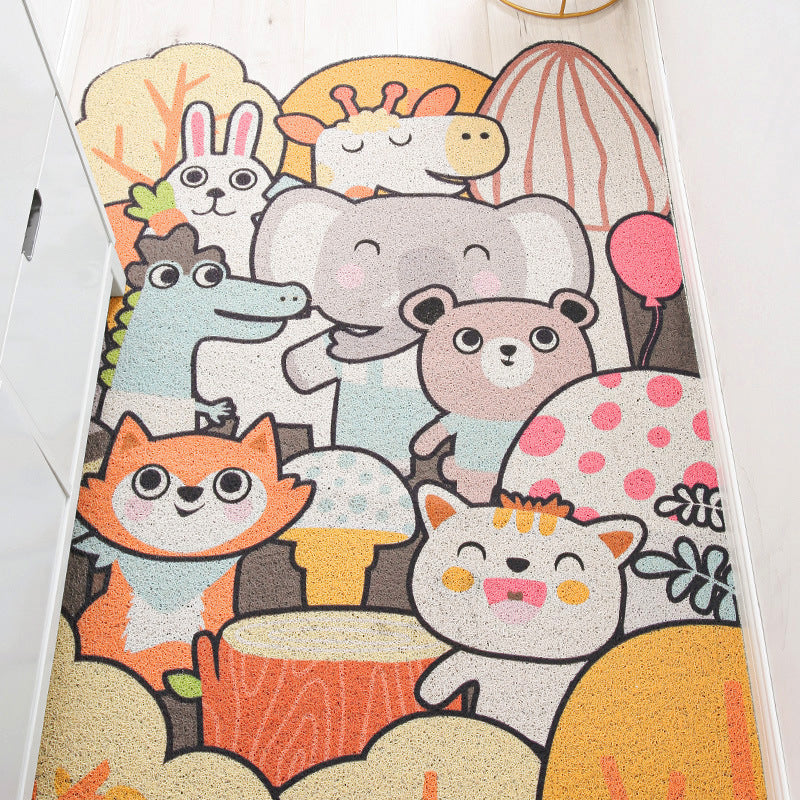 Avtoit | Children Irregular Kids Room Rug in Yellow and Gray Animal Cat Rabbit Penguin Print Rug Polyester Non-slip Area Rug