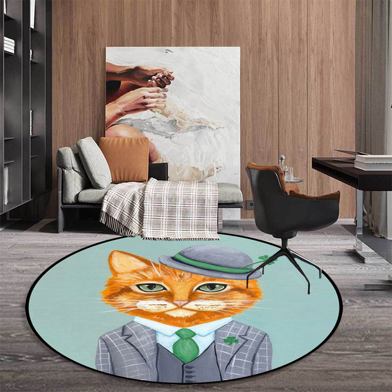 Avtoit | Kids Bedroom Carpet in Green and Blue Animal Cat Glass Print Carpet Polyester Pet-Friendly Area Rug