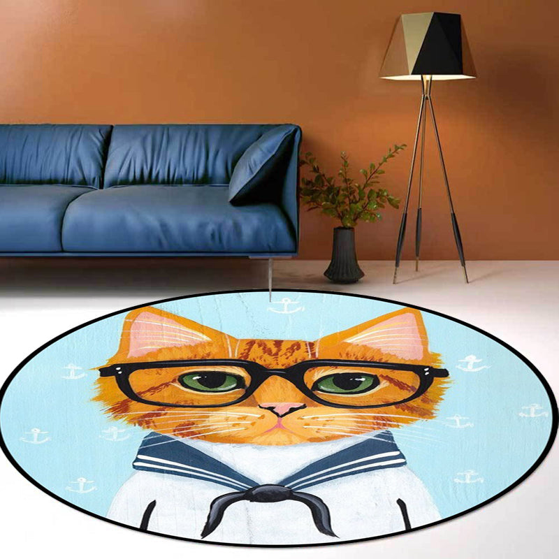Avtoit | Kids Bedroom Carpet in Green and Blue Animal Cat Glass Print Carpet Polyester Pet-Friendly Area Rug