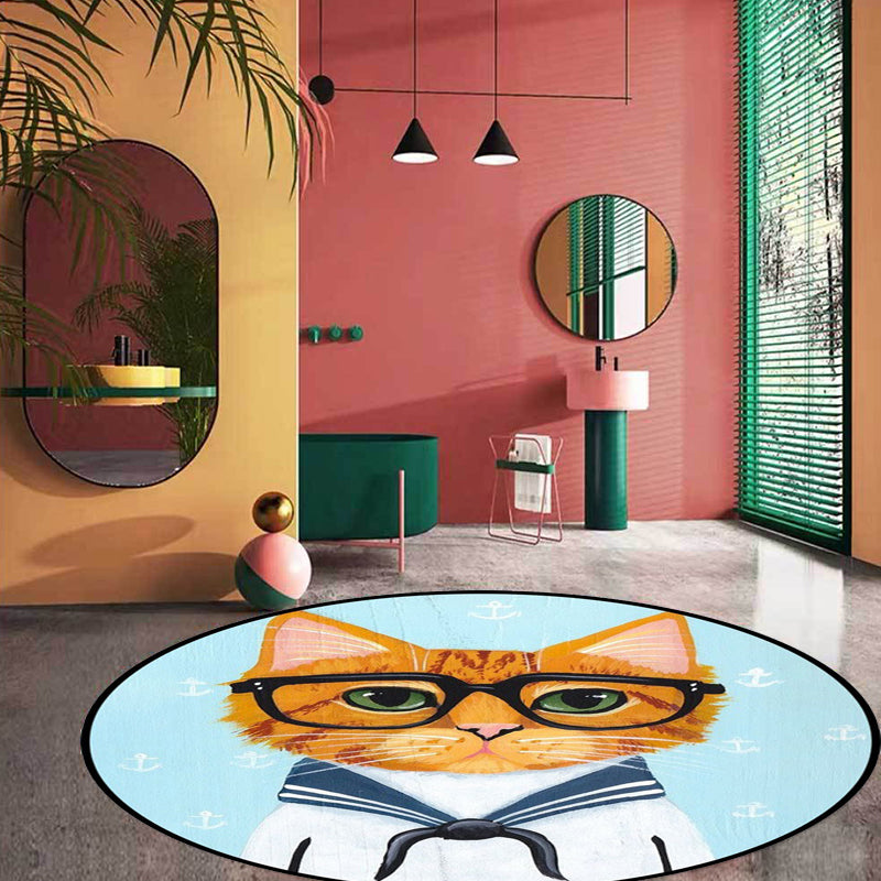 Avtoit | Kids Bedroom Carpet in Green and Blue Animal Cat Glass Print Carpet Polyester Pet-Friendly Area Rug