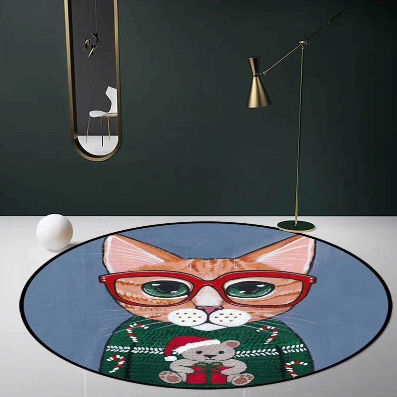 Avtoit | Kids Bedroom Carpet in Green and Blue Animal Cat Glass Print Carpet Polyester Pet-Friendly Area Rug