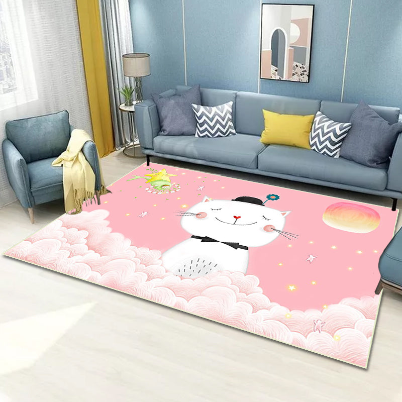 Avtoit | Casual Kids Rug in Pink Animal Cat Cloud Pattern Rug Polyester Non-Slip Back Washable Rug for the Kids Room