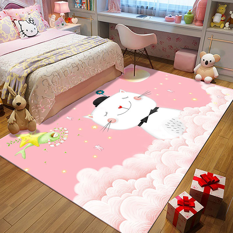 Avtoit | Casual Kids Rug in Pink Animal Cat Cloud Pattern Rug Polyester Non-Slip Back Washable Rug for the Kids Room