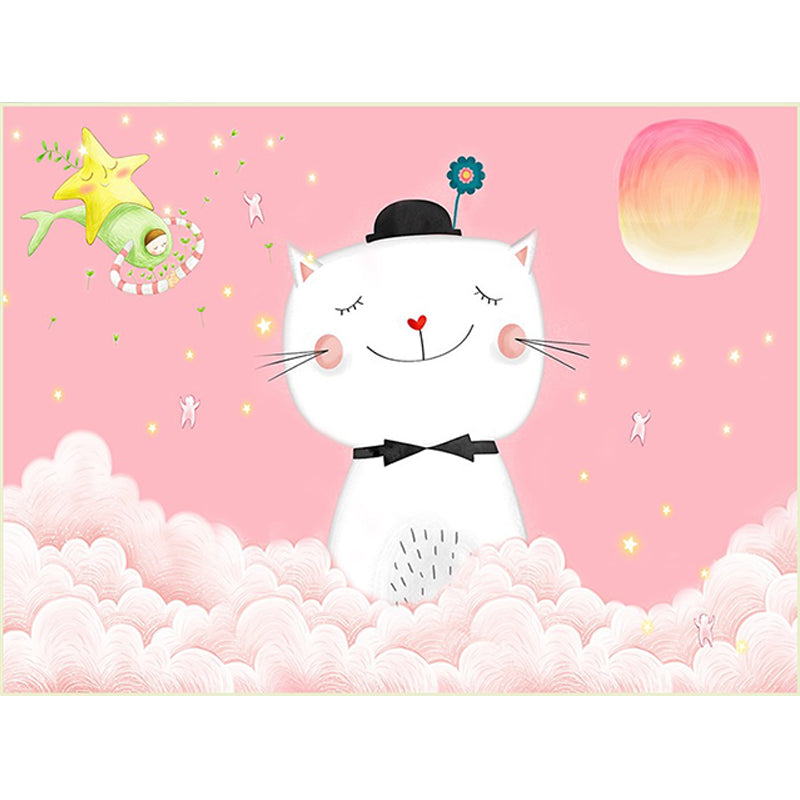 Avtoit | Casual Kids Rug in Pink Animal Cat Cloud Pattern Rug Polyester Non-Slip Back Washable Rug for the Kids Room