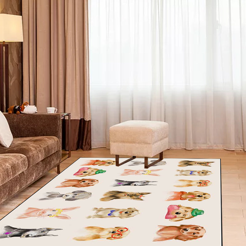 Avtoit | Kids Bedroom Rug in Ivory Animal Dog Cat Pig Print Rug Polyester Non-Slip Back Area Rug