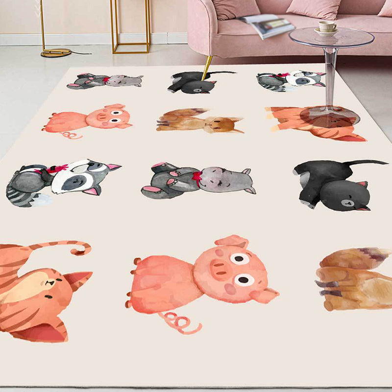 Avtoit | Kids Bedroom Rug in Ivory Animal Dog Cat Pig Print Rug Polyester Non-Slip Back Area Rug