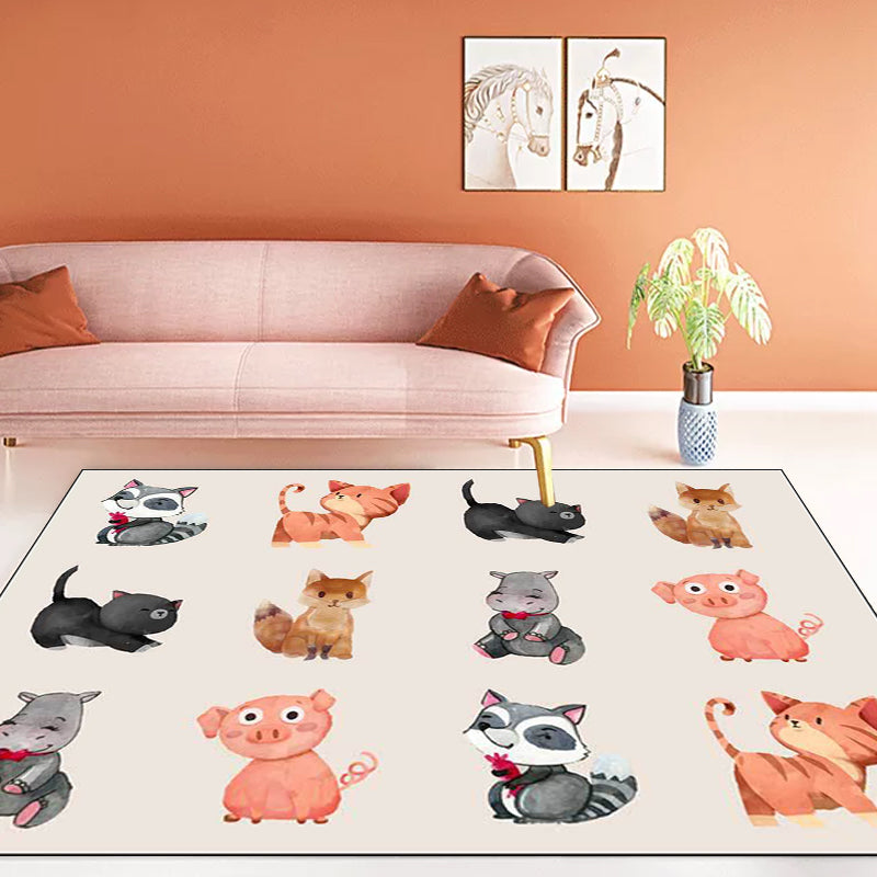 Avtoit | Kids Bedroom Rug in Ivory Animal Dog Cat Pig Print Rug Polyester Non-Slip Back Area Rug