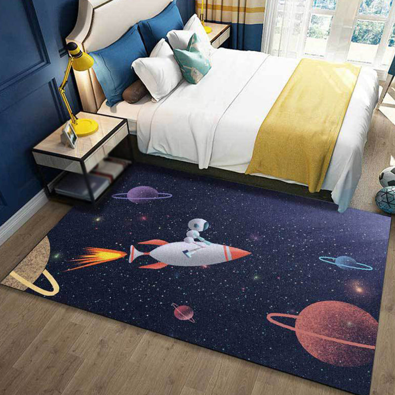 Avtoit | Kids Bedroom Carpet in Blue Outdoor Space Galaxy Rockets Astronaut Print Carpet Polyester Non-Slip Backing Area Rug