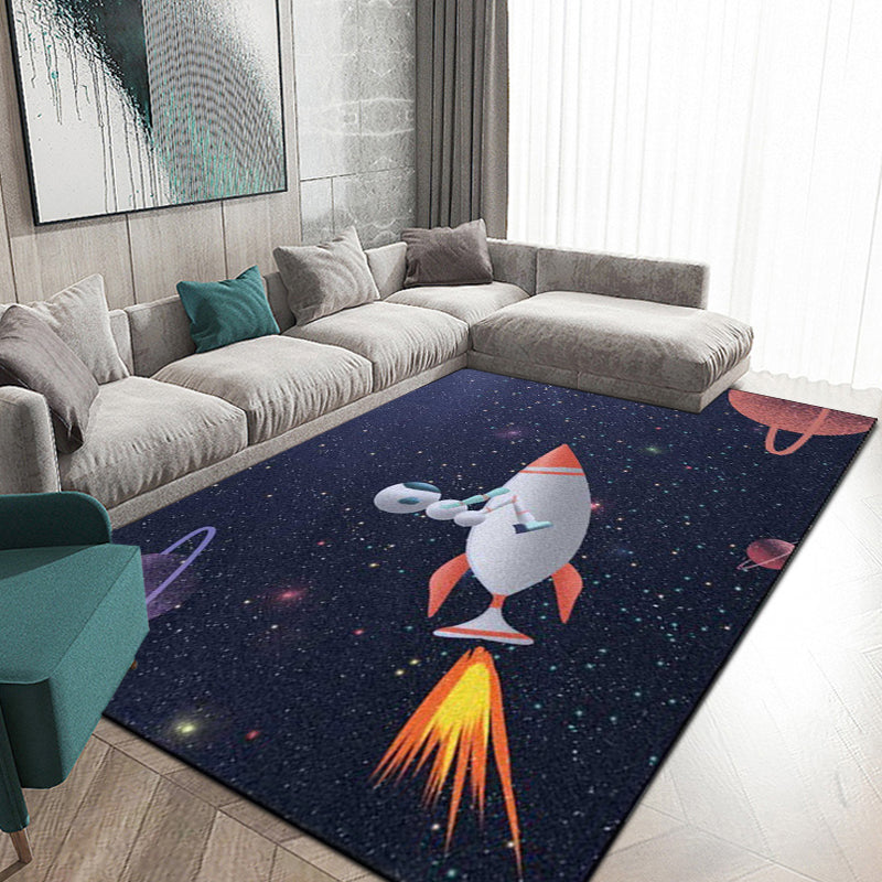 Avtoit | Kids Bedroom Carpet in Blue Outdoor Space Galaxy Rockets Astronaut Print Carpet Polyester Non-Slip Backing Area Rug