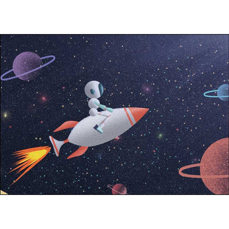 Avtoit | Kids Bedroom Carpet in Blue Outdoor Space Galaxy Rockets Astronaut Print Carpet Polyester Non-Slip Backing Area Rug