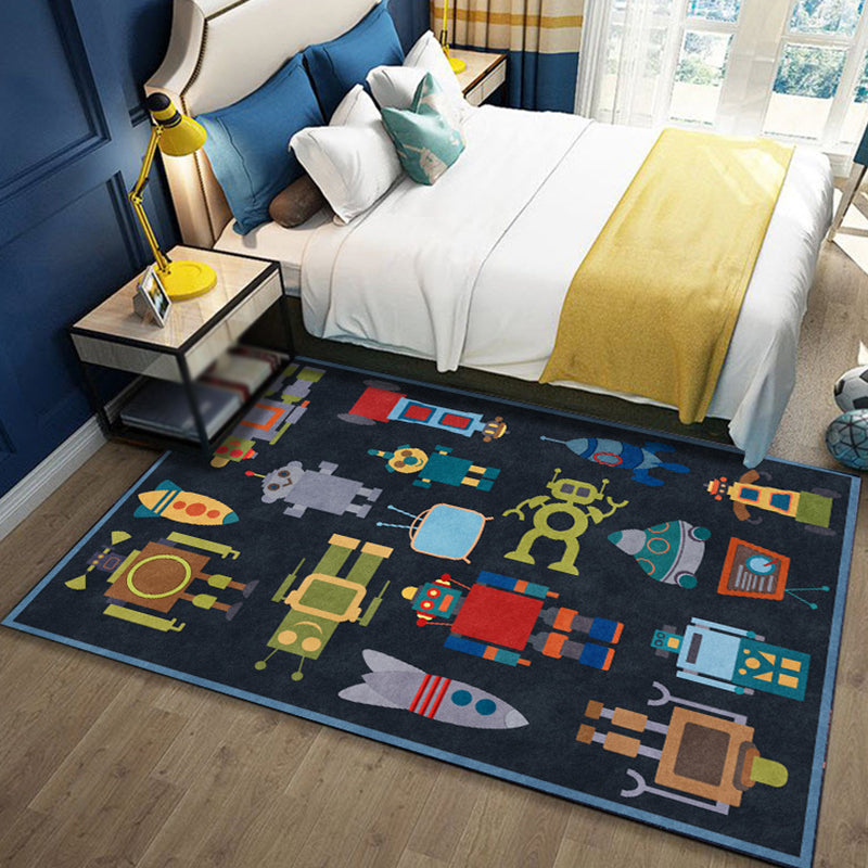 Avtoit | Unique Children's Carpet in Blue Extraterrestrial Robot Rocket Pattern Carpet Polyester Non-slip Underlay Carpet for Children's Room