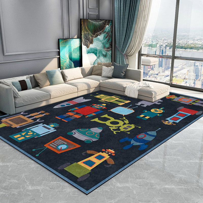 Avtoit | Unique Children's Carpet in Blue Extraterrestrial Robot Rocket Pattern Carpet Polyester Non-slip Underlay Carpet for Children's Room