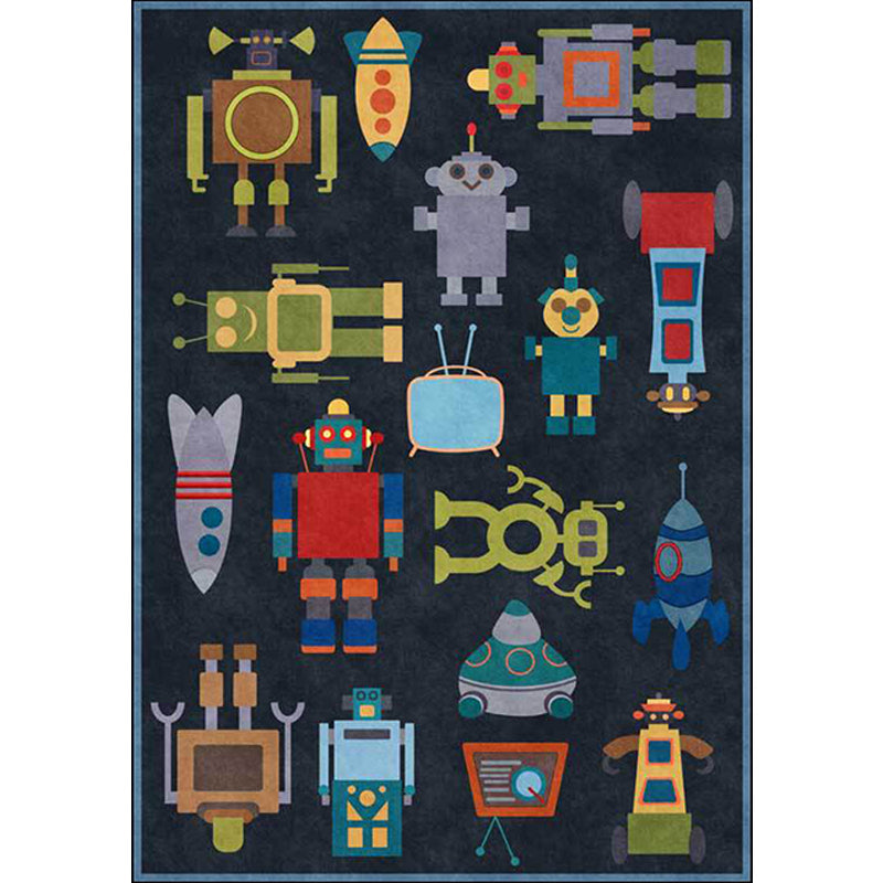 Avtoit | Unique Children's Carpet in Blue Extraterrestrial Robot Rocket Pattern Carpet Polyester Non-slip Underlay Carpet for Children's Room