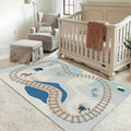 Avtoit | Casual Kids Carpet in Blue Cars & Roads Deer Horse Tree Pattern Carpet Polyester Anti-Slip Back Carpet for the Children's Room
