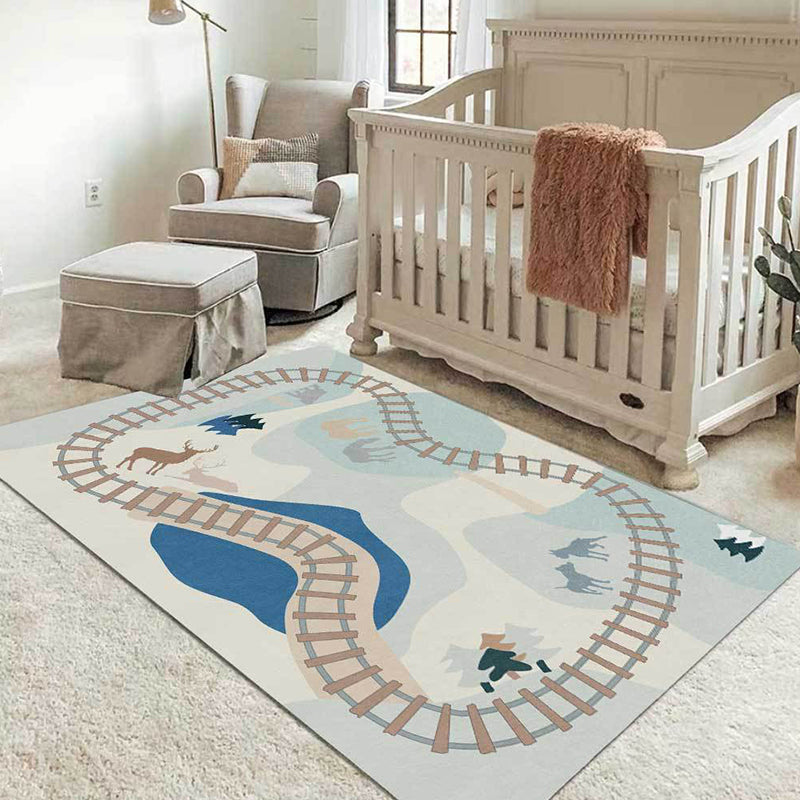 Avtoit | Casual Kids Carpet in Blue Cars & Roads Deer Horse Tree Pattern Carpet Polyester Anti-Slip Back Carpet for the Children's Room