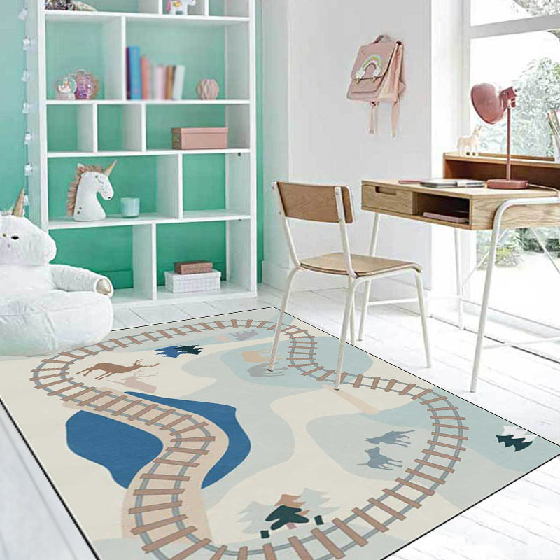 Avtoit | Casual Kids Carpet in Blue Cars & Roads Deer Horse Tree Pattern Carpet Polyester Anti-Slip Back Carpet for the Children's Room