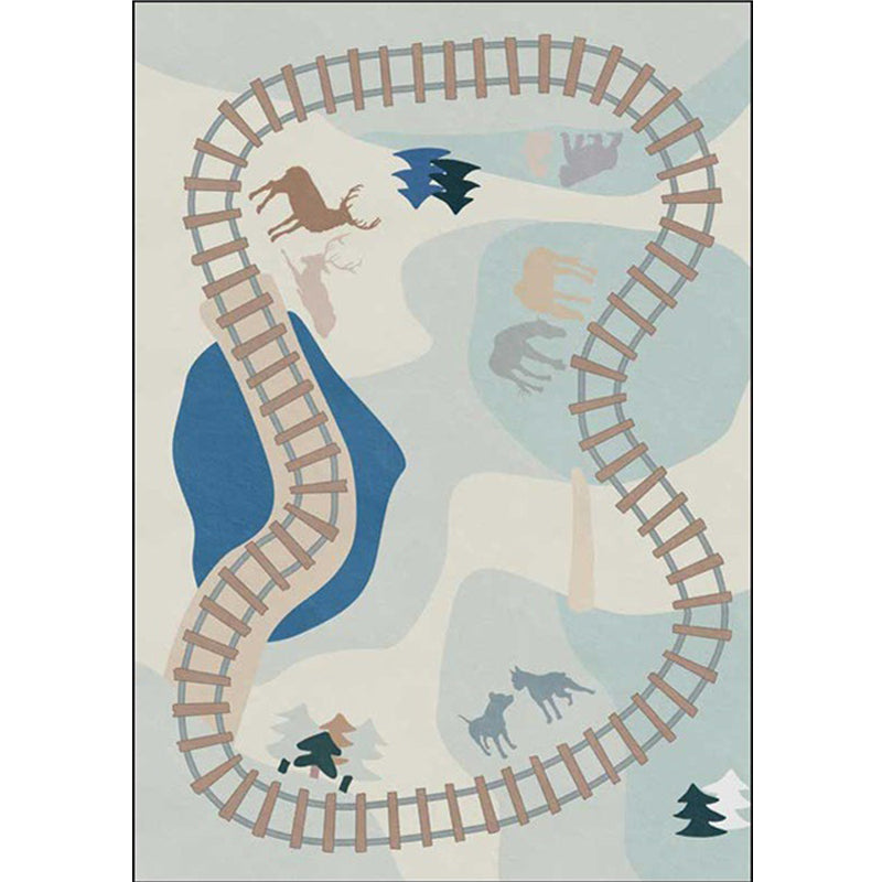 Avtoit | Casual Kids Carpet in Blue Cars & Roads Deer Horse Tree Pattern Carpet Polyester Anti-Slip Back Carpet for the Children's Room