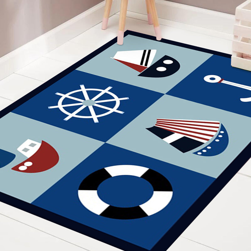 Avtoit | Kids' Bedroom Carpet in Blue Cars & Roads Ship Anchor Steering Wheel Printed Carpet Polyester Machine Washable Carpet