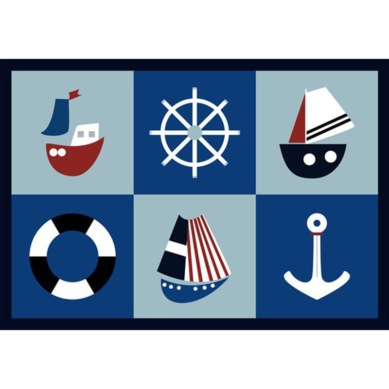 Avtoit | Kids' Bedroom Carpet in Blue Cars & Roads Ship Anchor Steering Wheel Printed Carpet Polyester Machine Washable Carpet