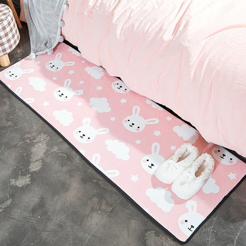 Avtoit | Children's Room Rug in White and Pink Animal Bear Rabbit Swan Print Rug Polyester Stain-Resistant Area Rug
