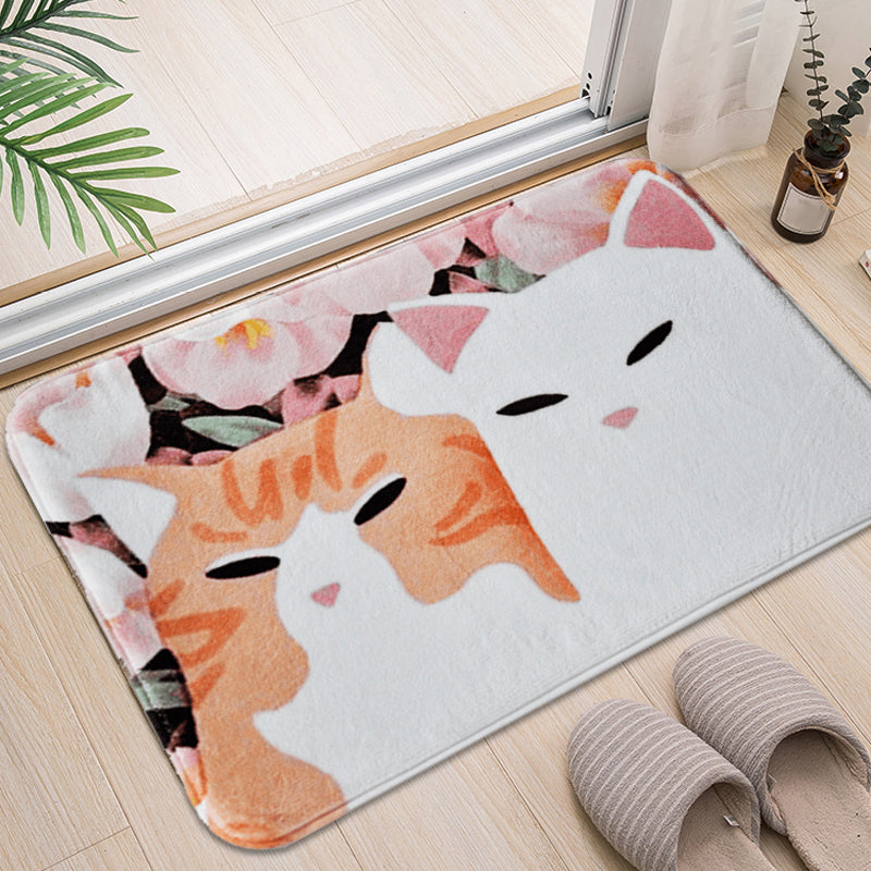 Avtoit | Kids Children's Room Rug in Pink and Yellow Animal Cat Flower Pattern Rug Polyester Non-Slip Back Rug