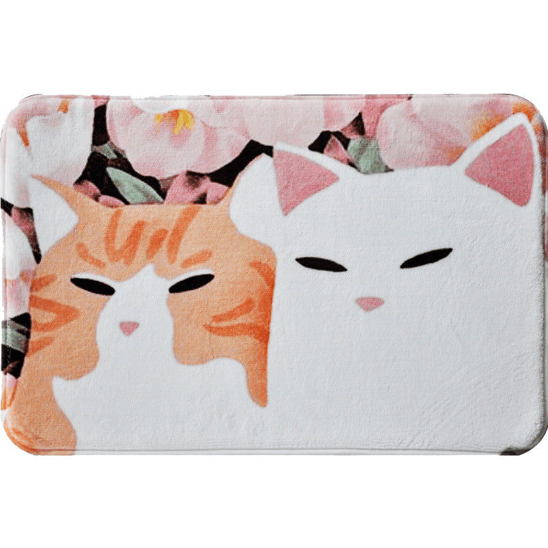 Avtoit | Kids Children's Room Rug in Pink and Yellow Animal Cat Flower Pattern Rug Polyester Non-Slip Back Rug