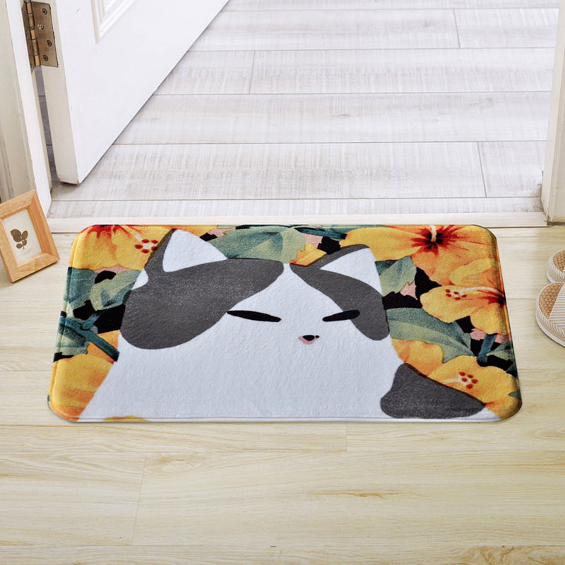 Avtoit | Kids Children's Room Rug in Pink and Yellow Animal Cat Flower Pattern Rug Polyester Non-Slip Back Rug