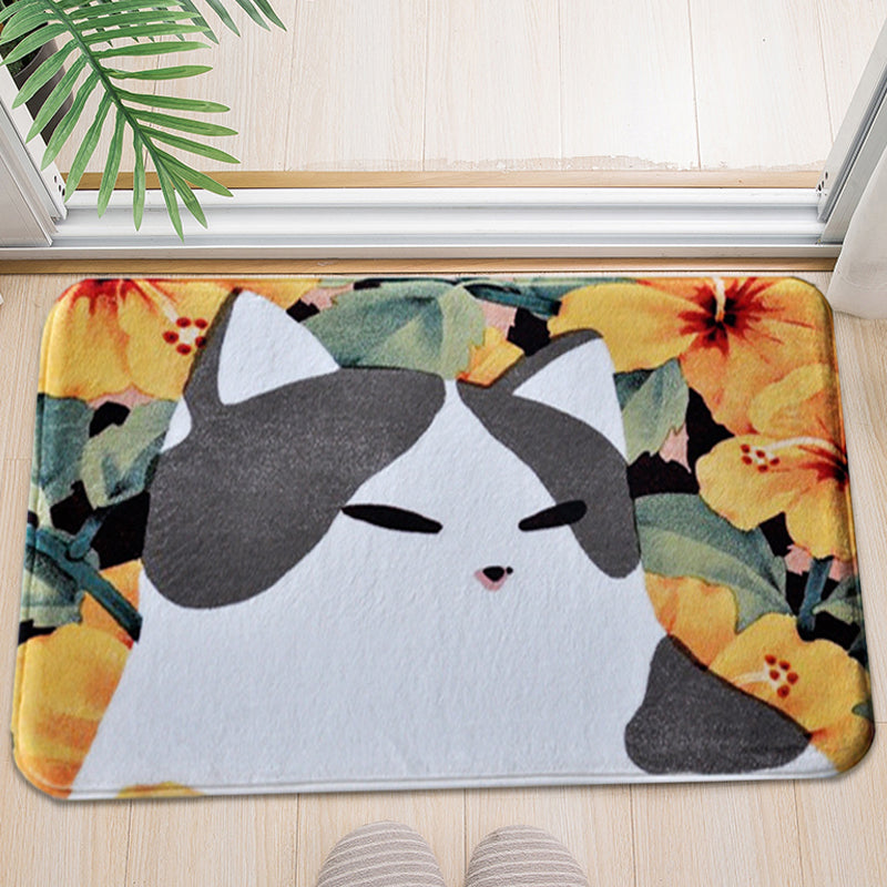 Avtoit | Kids Children's Room Rug in Pink and Yellow Animal Cat Flower Pattern Rug Polyester Non-Slip Back Rug