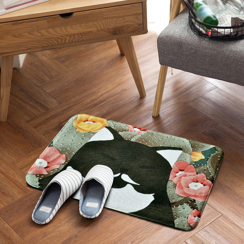 Avtoit | Kids Children's Room Rug in Pink and Yellow Animal Cat Flower Pattern Rug Polyester Non-Slip Back Rug