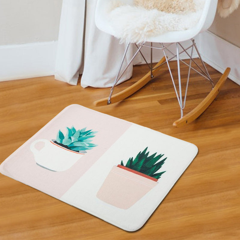 Avtoit | Green and Pink Children's Room Carpet Children Botanical Leaf Potted Plants Pattern Area Rug Polyester Pet Friendly Carpet