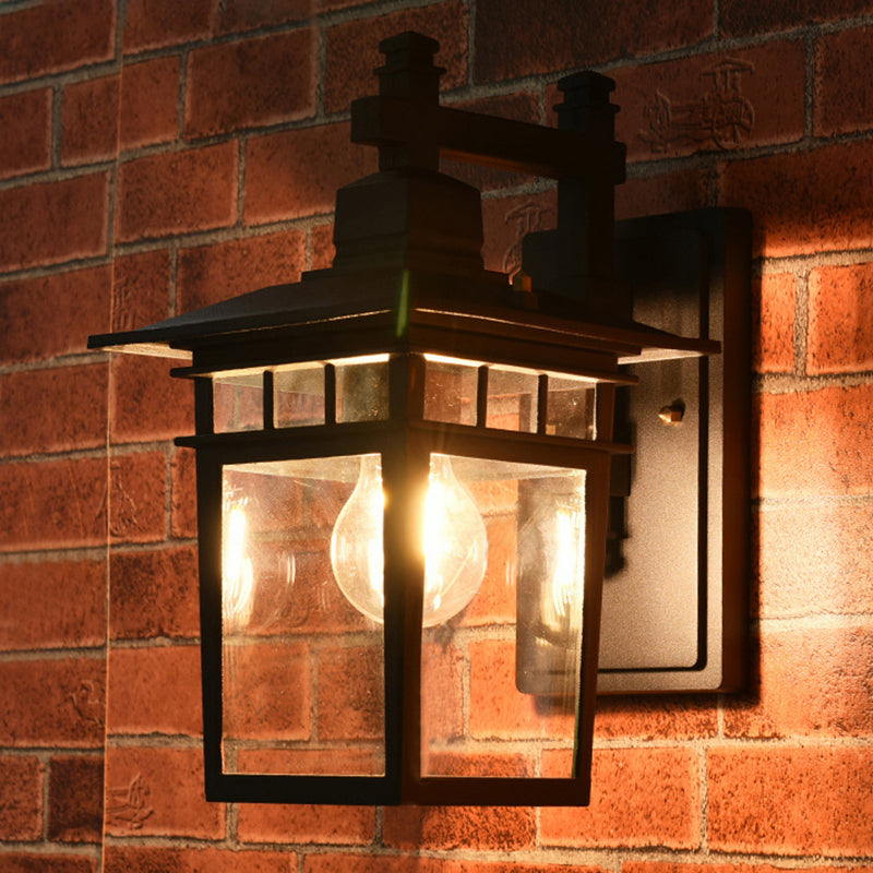 Avtoit | Lantern Clear Glass Wall Hanging Lamp Industrial Single Bulb Veranda Wall Light in Black