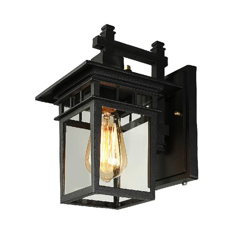Avtoit | Lantern Clear Glass Wall Hanging Lamp Industrial Single Bulb Veranda Wall Light in Black