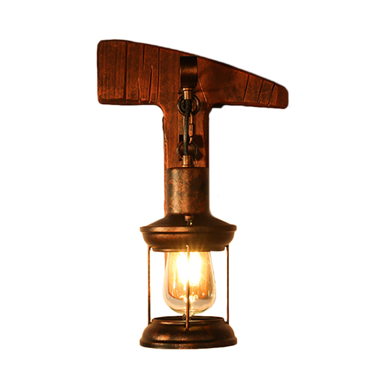 Avtoit | Rust One-Light Wall Light Coastal Clear Glass Lantern Lighting Fixture with Wood Back Plate