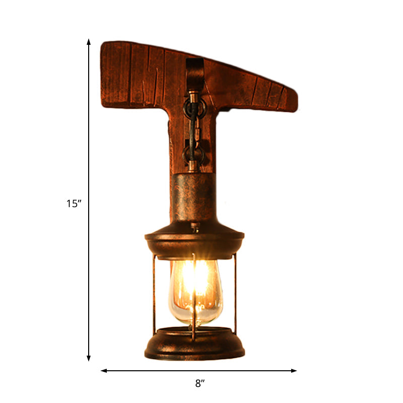 Avtoit | Rust One-Light Wall Light Coastal Clear Glass Lantern Lighting Fixture with Wood Back Plate