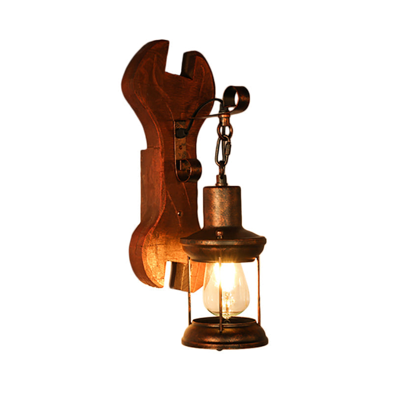 Avtoit | Rust One-Light Wall Light Coastal Clear Glass Lantern Lighting Fixture with Wood Back Plate