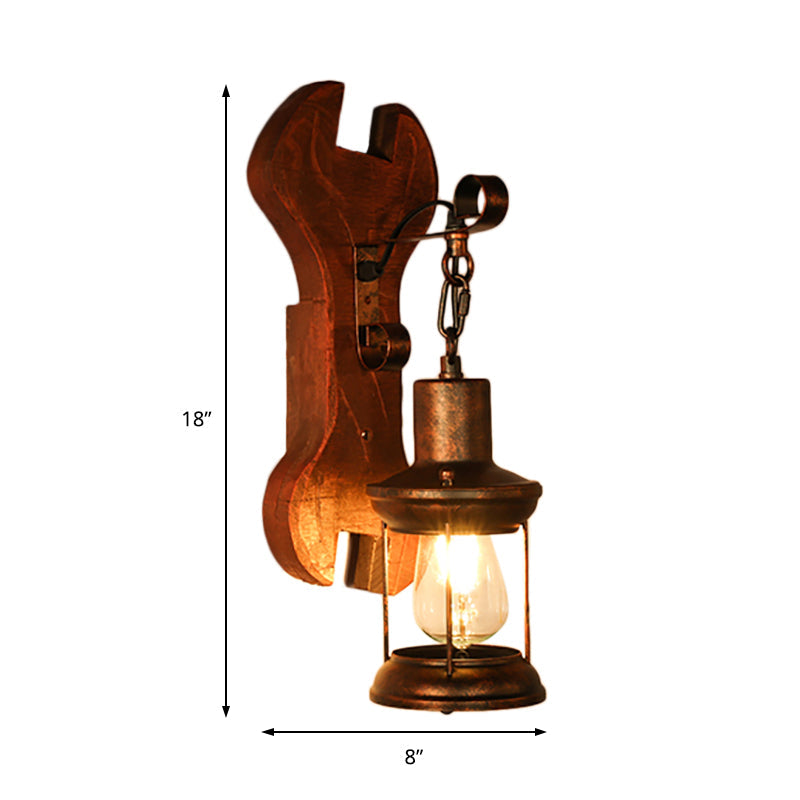 Avtoit | Rust One-Light Wall Light Coastal Clear Glass Lantern Lighting Fixture with Wood Back Plate