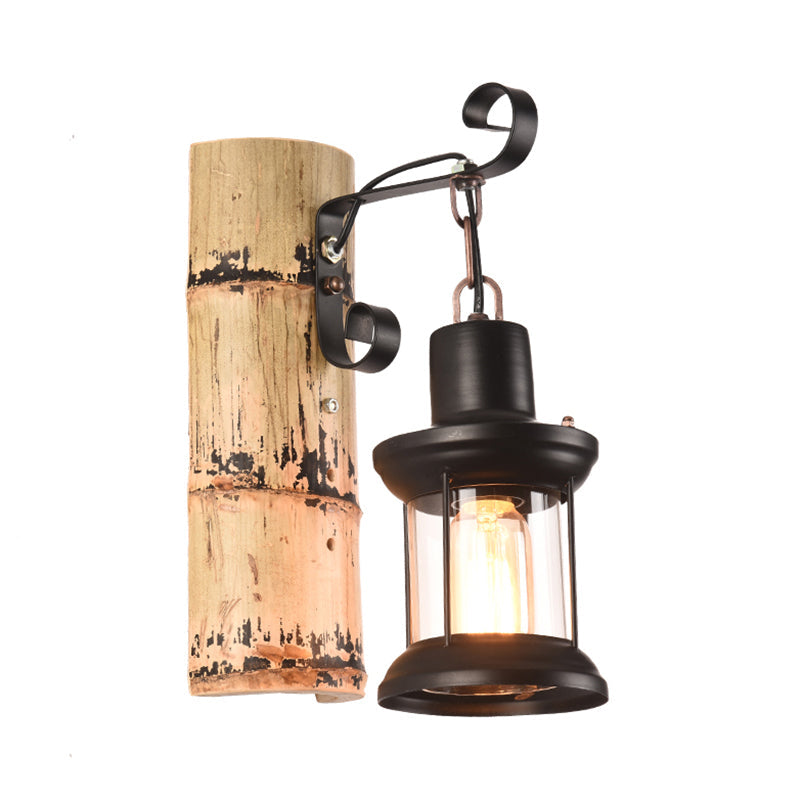 Avtoit | A wall lamp with a clear glass lantern in industrial style, wall lamp for the dining room in black with a bamboo backplate