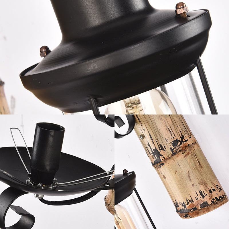 Avtoit | A wall lamp with a clear glass lantern in industrial style, wall lamp for the dining room in black with a bamboo backplate
